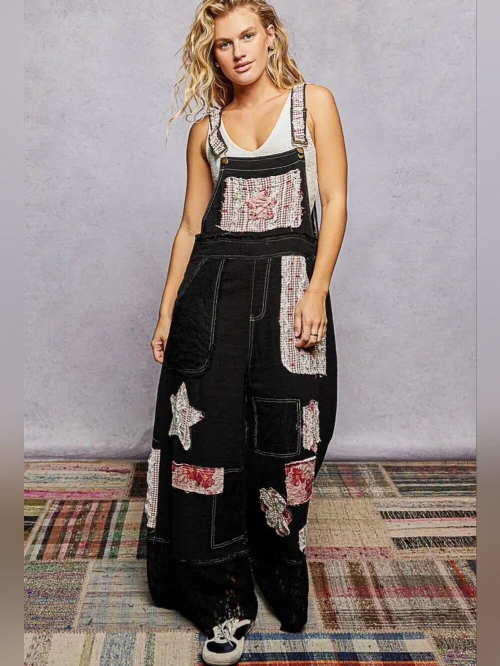 POL Black Patchwork Floral Wide-Leg Denim Overalls